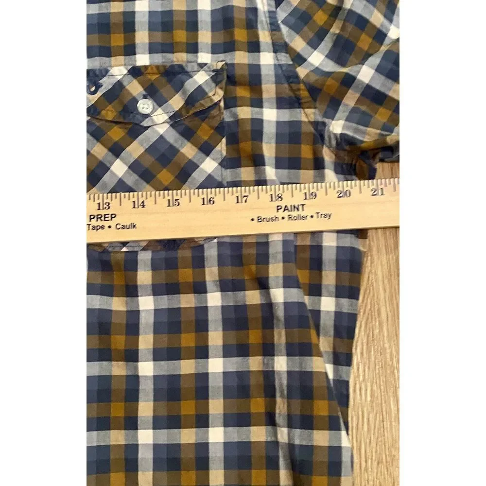 True Religion Men's Button Down Shirt Sz L Long Sleeve Blue Brown‎ Checkered